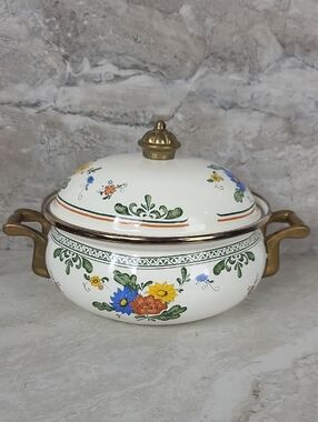 Vtg Midcentury 60s Floral New Amsterdam Asta Enamel Brass Dutch Oven Pot & Lid